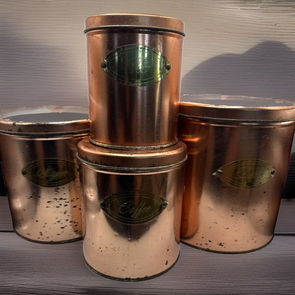 Copper Metal Cylinder Coffee Tea Sugar Flour Canister Set, With Lids, 4Piece MCM
